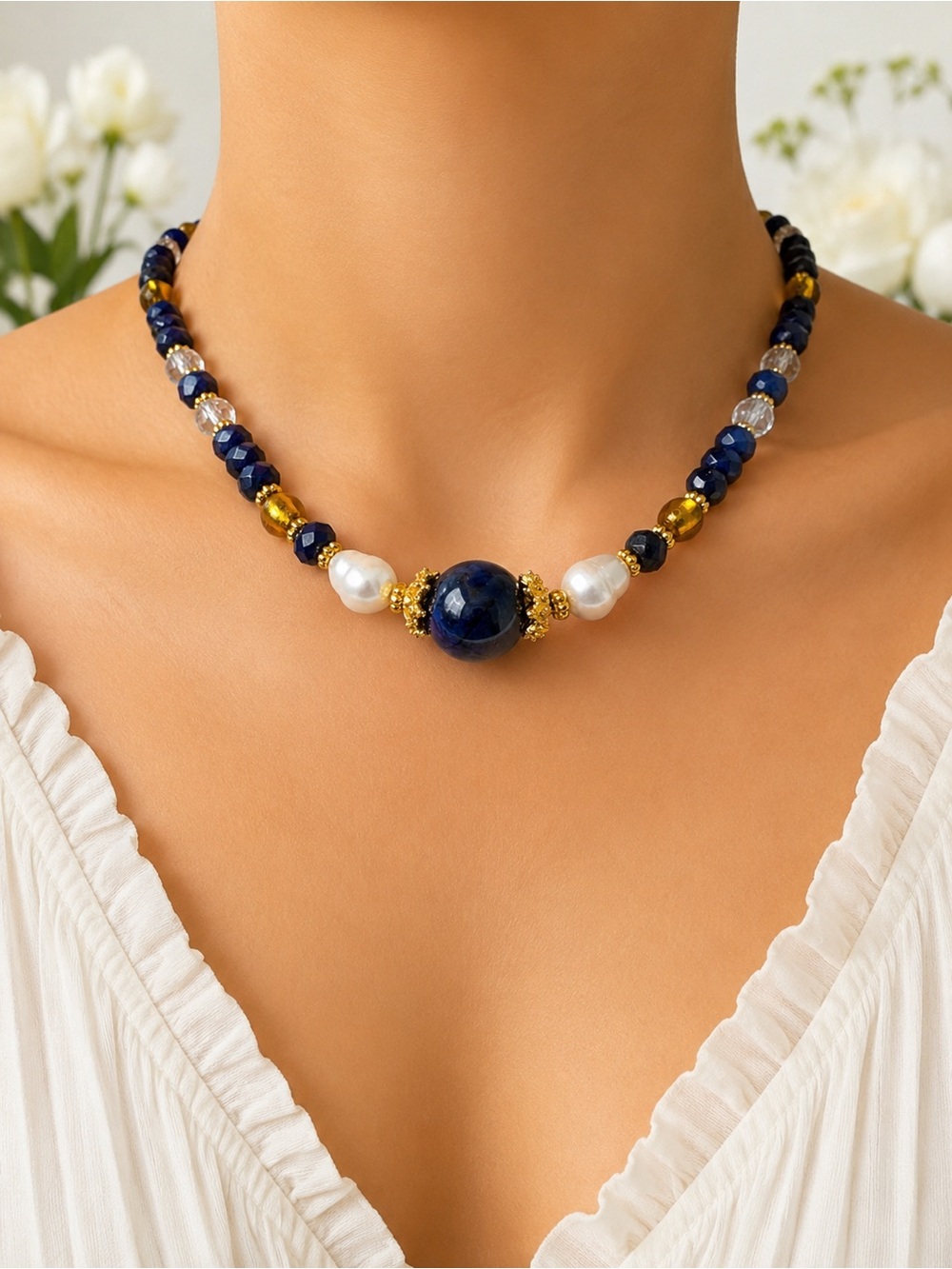 Lapis Lazuli, Baroque Pearls & Gold Murano Glass Beaded Statment Necklace 19.5”🌵